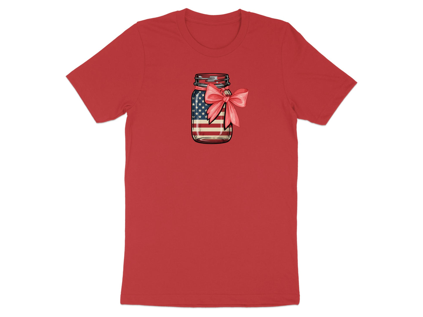 Mason jar filled with American flag design, tied with a pink bow.