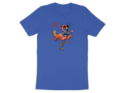 Flamingo wearing sunglasses and a bow tie, holding a drink, with fireworks.