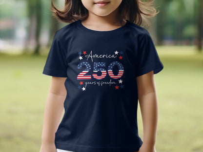 Navy t-shirt with "America 250 years of freedom" text and patriotic design.