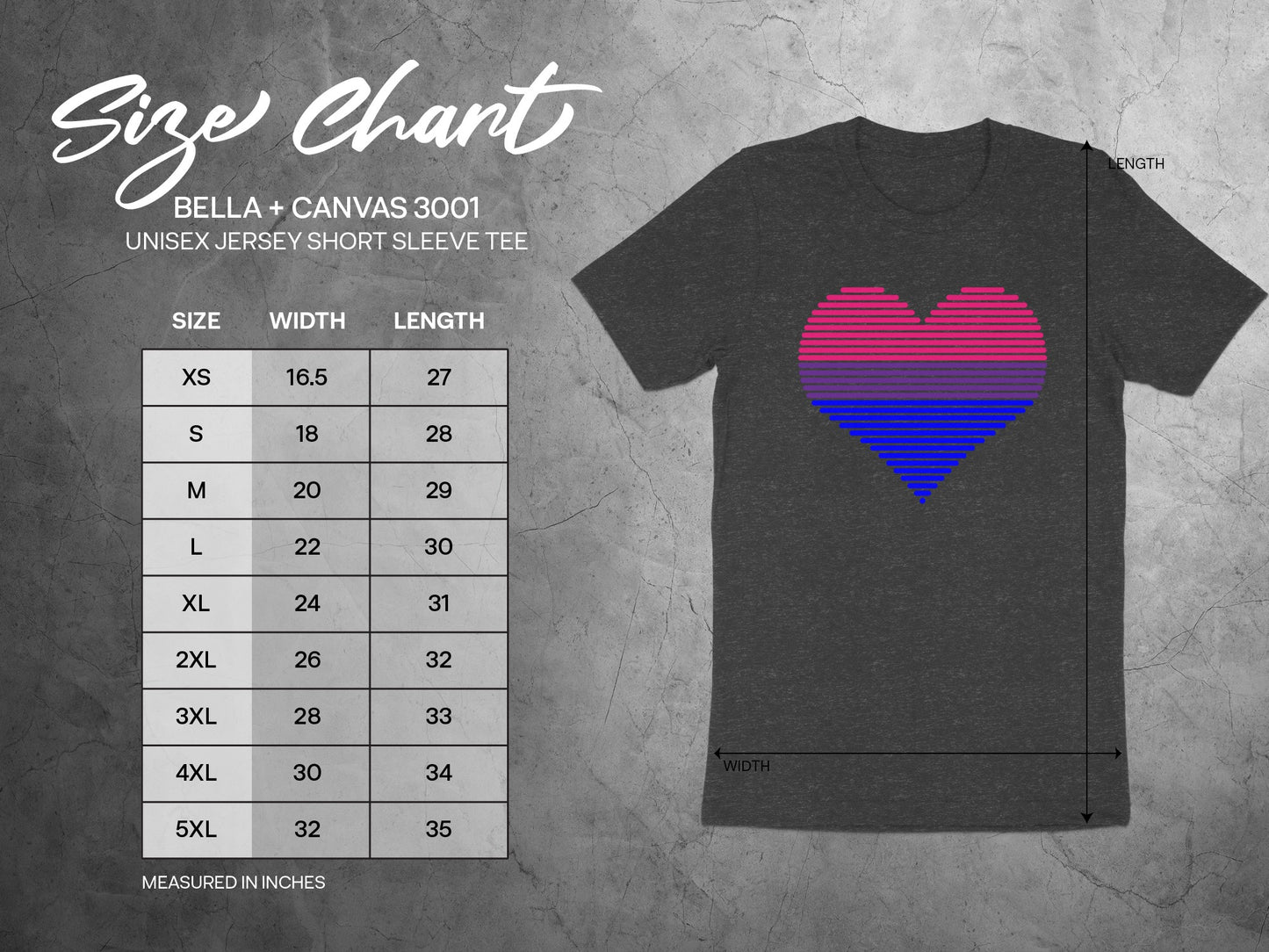 Unisex Bella+Canvas 3001 t-shirt size chart with measurements.