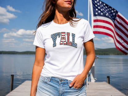 White t-shirt with "Y'ALL" in red, white, and blue letters.