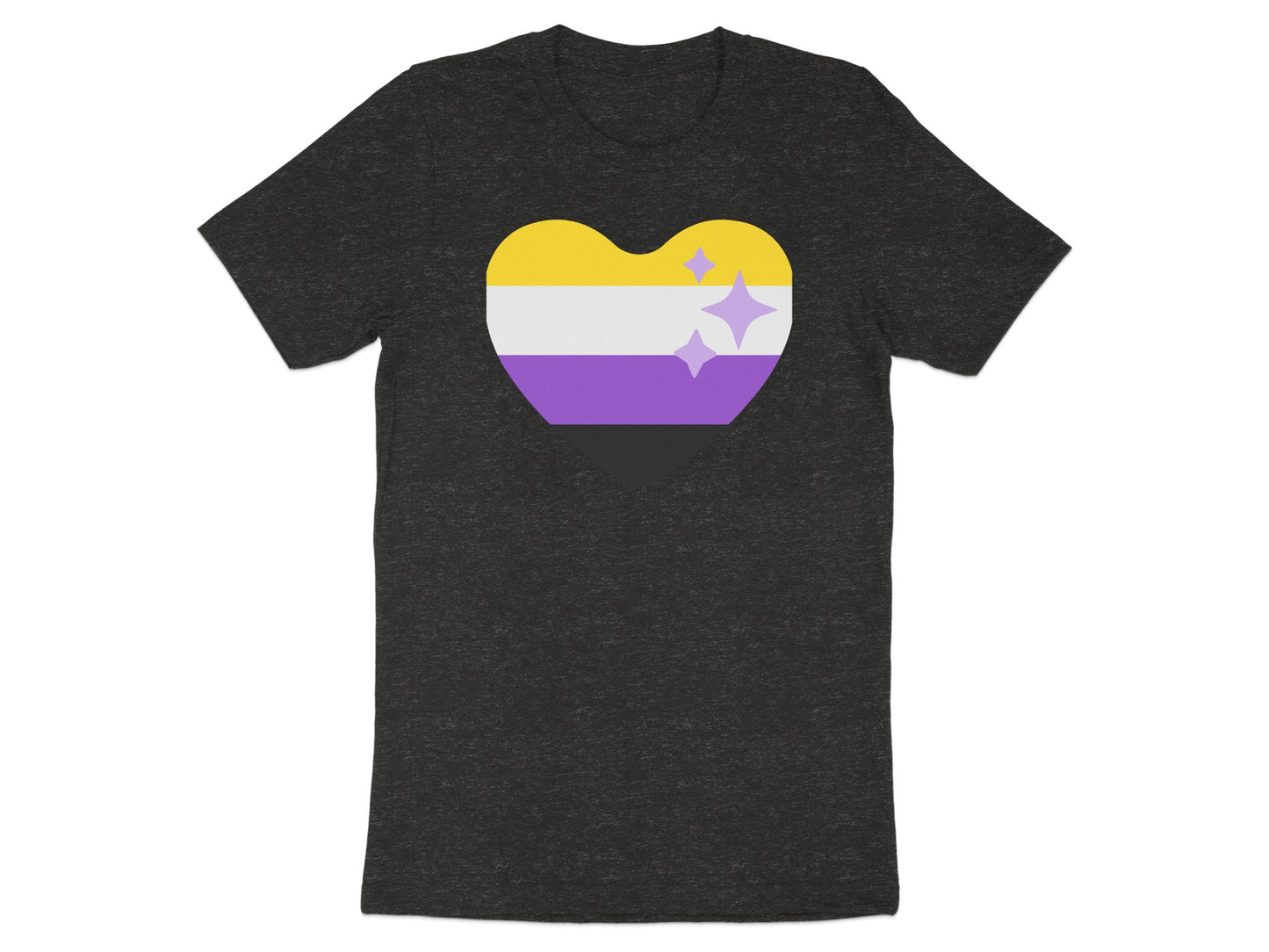 Dark t-shirt with a non-binary pride flag heart and sparkles.
