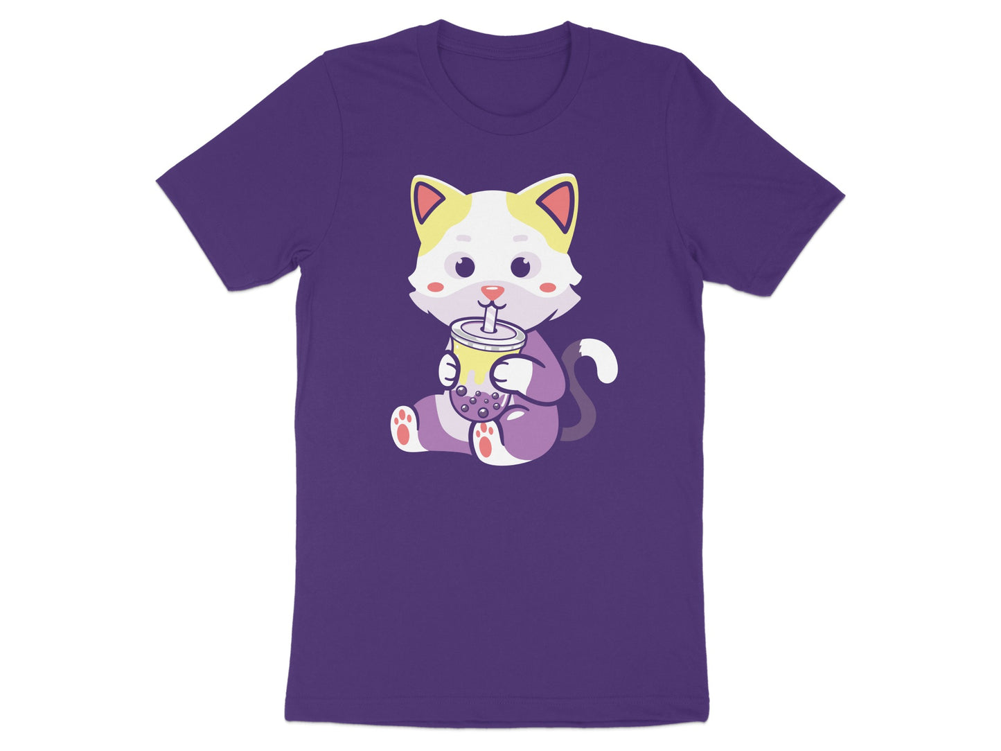 Purple t-shirt featuring a cartoon cat holding a bubble tea.