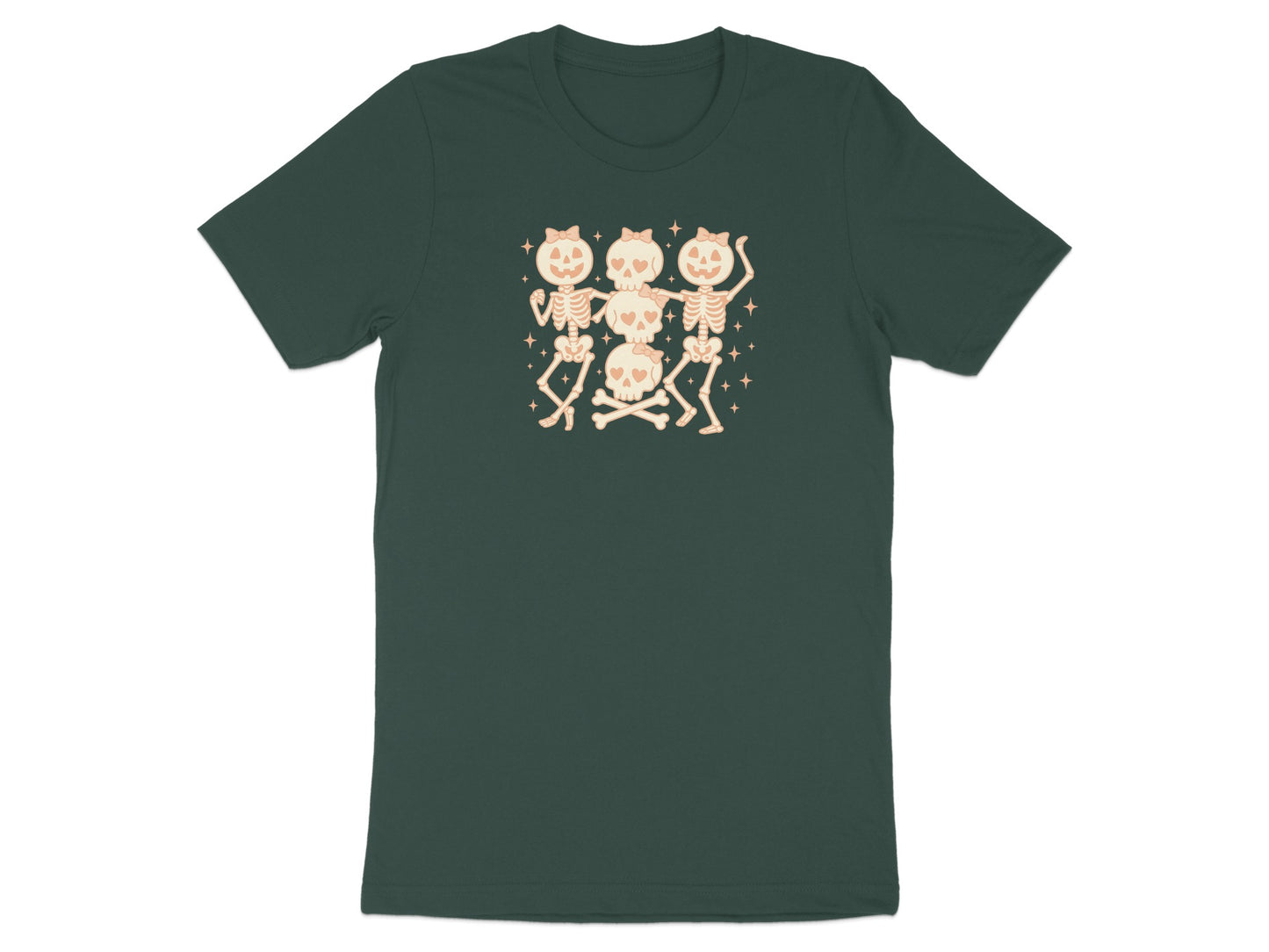Three cute skeletons with bows dance around skulls and crossbones.