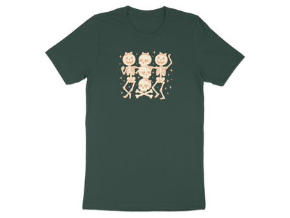 Three cute skeletons with bows dance around skulls and crossbones.