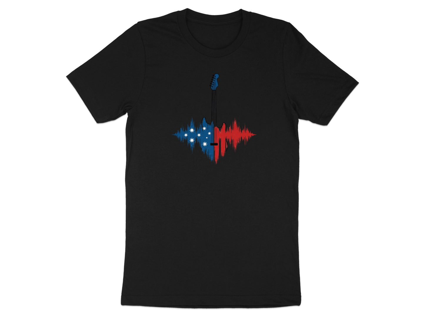 Black t-shirt with a guitar silhouette overlayed with an Australian flag sound wave.