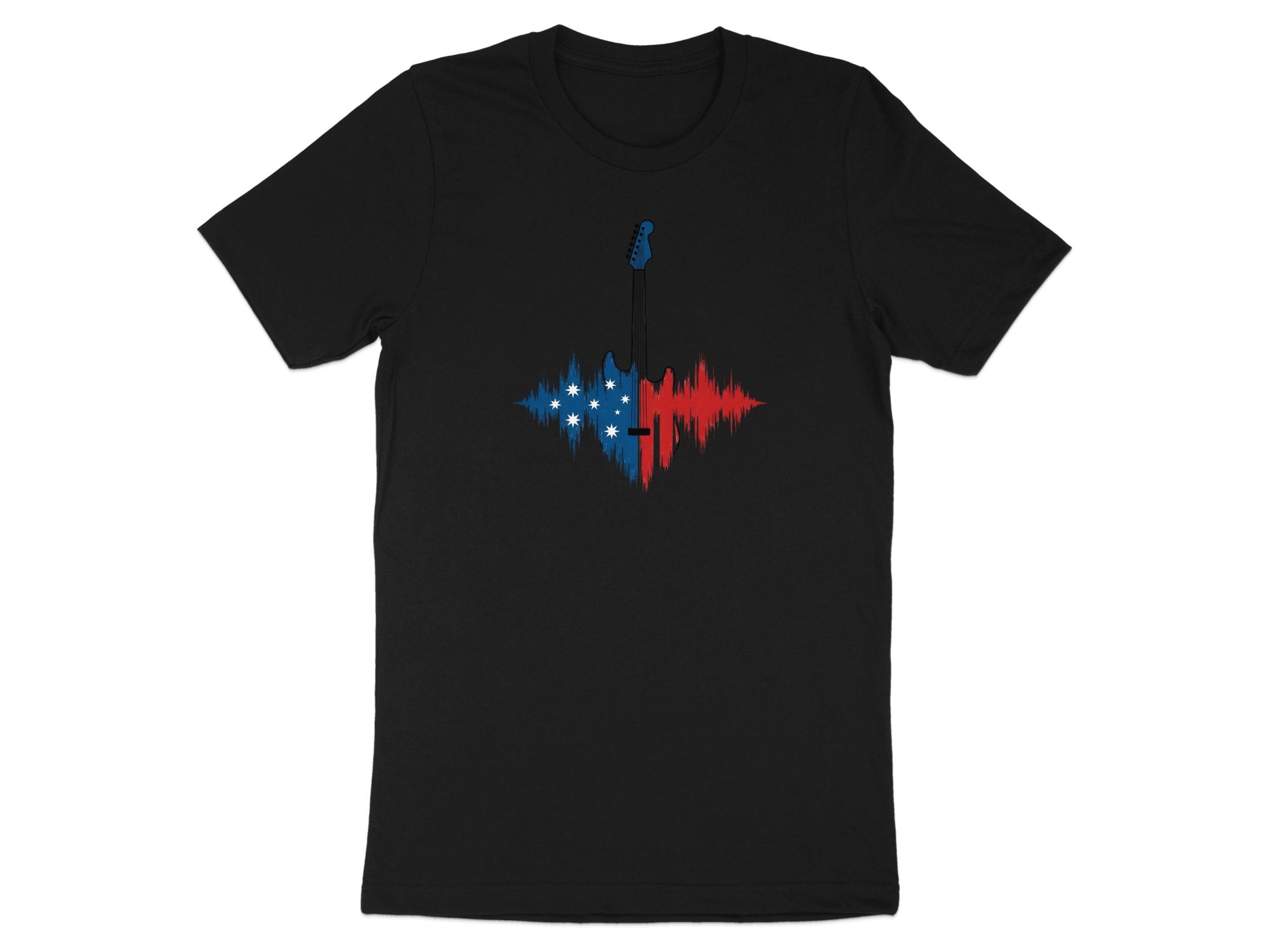 Black t-shirt with a guitar silhouette overlayed with an Australian flag sound wave.