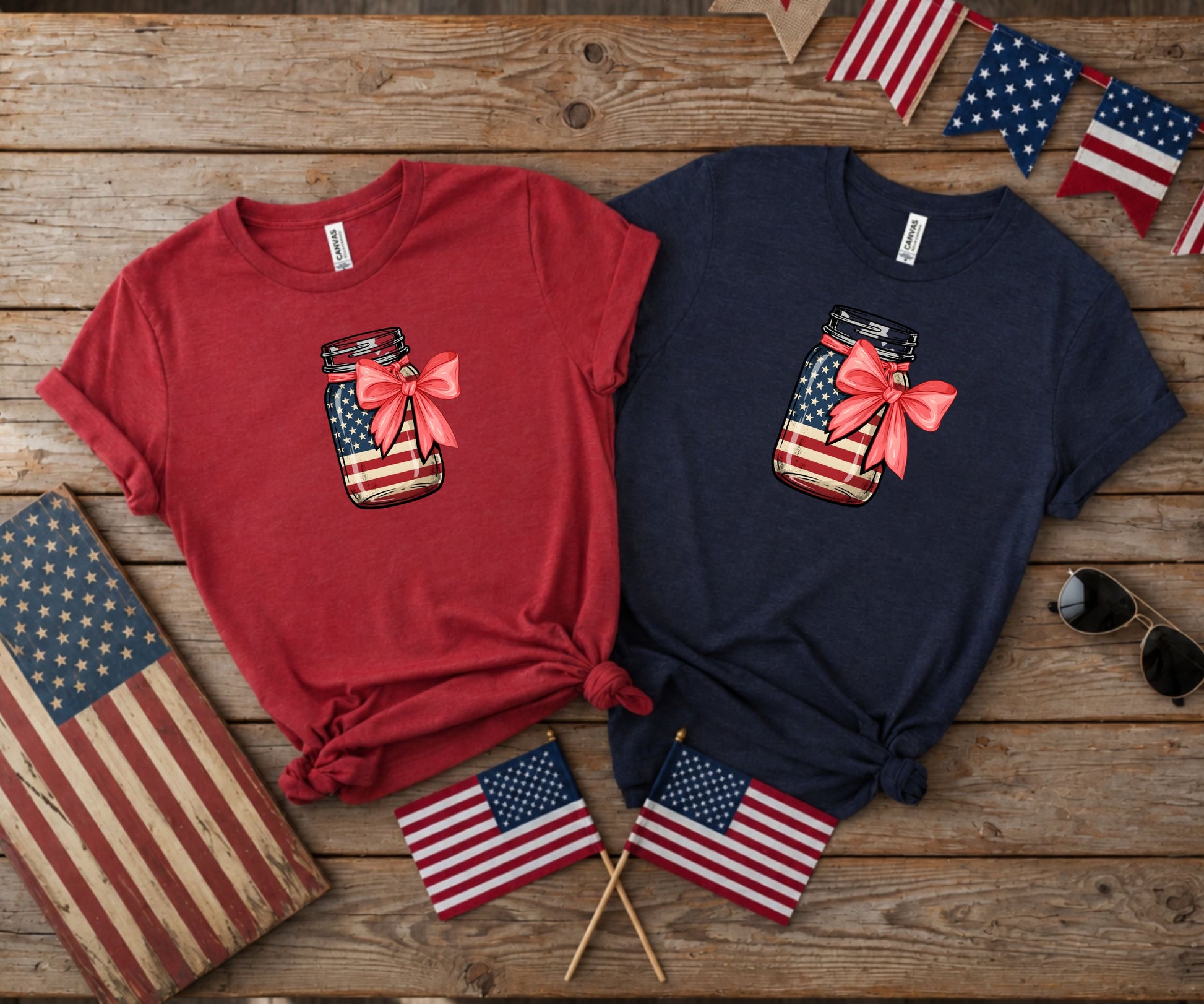 Red and navy patriotic t-shirts with a mason jar and American flag design.