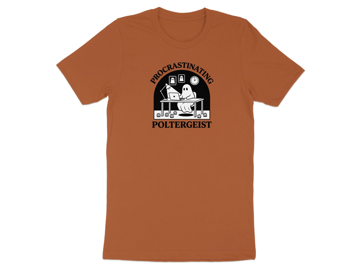 T-shirt with ghost using laptop and text "PROCRASINATING POLTERGEIST".