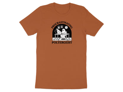 T-shirt with ghost using laptop and text "PROCRASINATING POLTERGEIST".