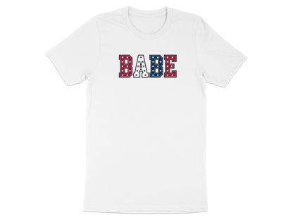 White t-shirt with "BABE" text in a patriotic red, white, and blue star pattern.