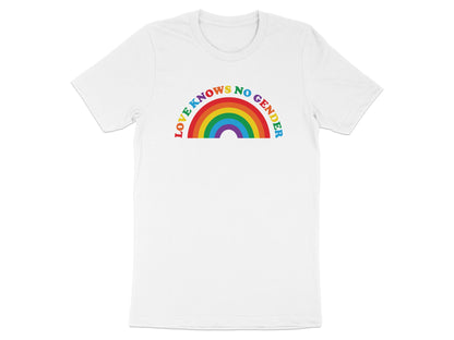 White t-shirt with rainbow text "LOVE KNOWS NO GENDER" above a rainbow arc.
