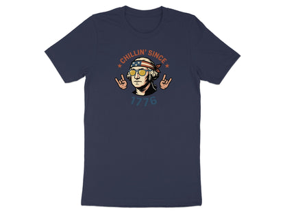 Navy t-shirt featuring George Washington with bandana and rock on hand gesture.
