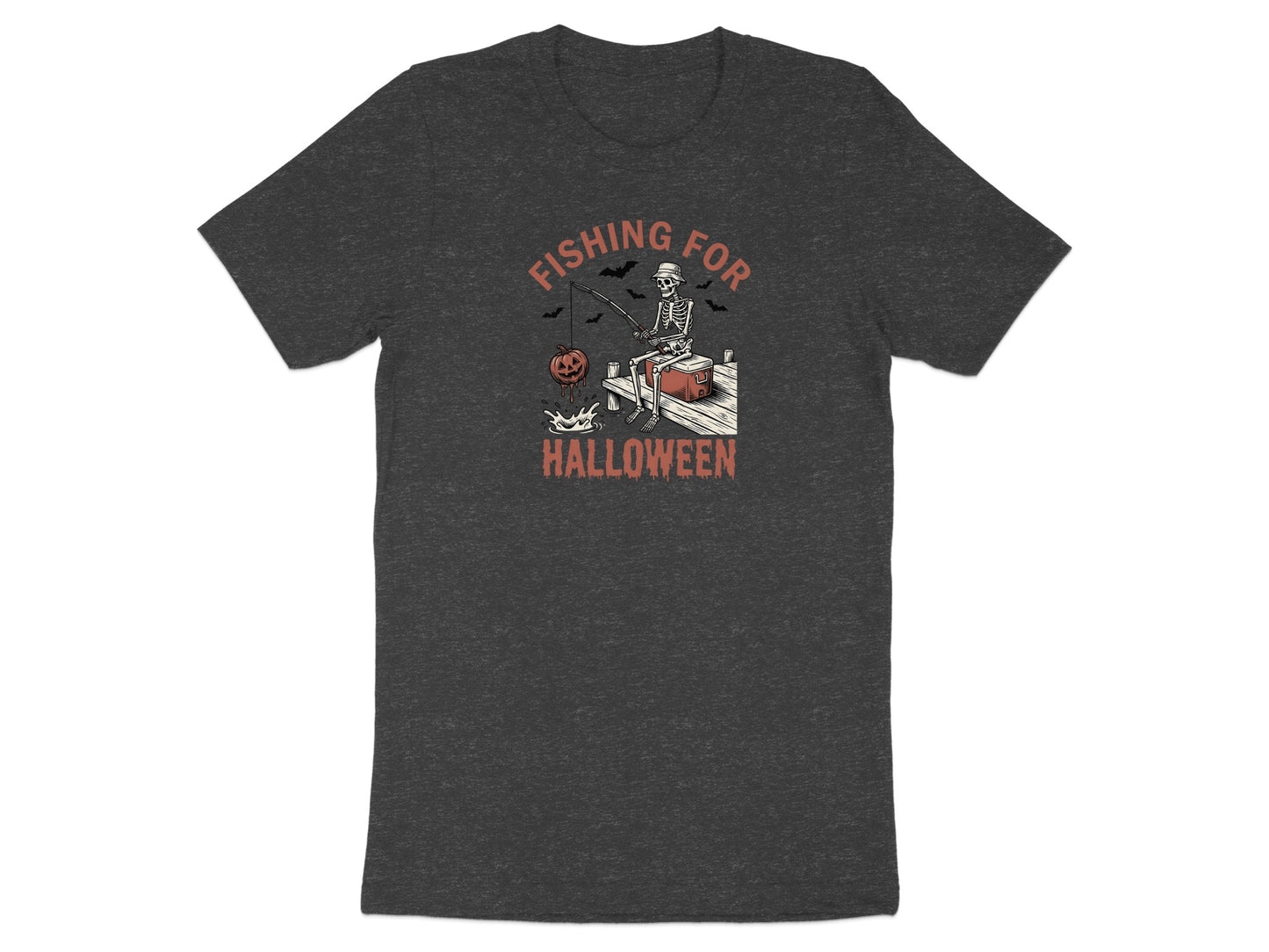 Skeleton fishing for Halloween with pumpkin and bats on a dock.