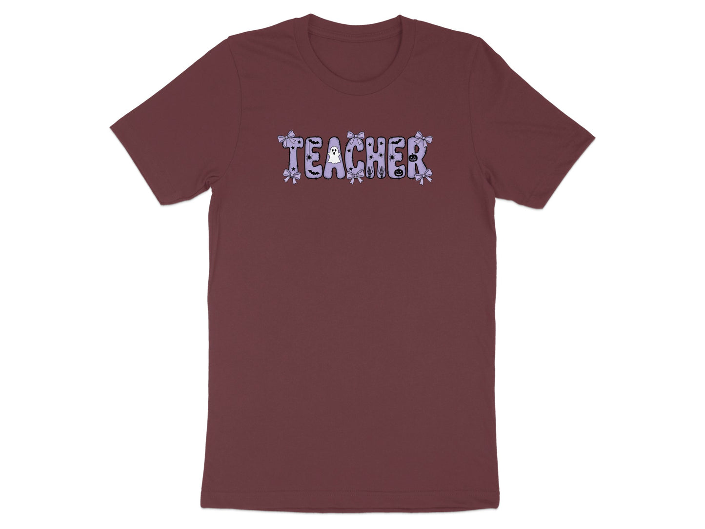 Maroon t-shirt with "TEACHER" text and Halloween-themed graphics.