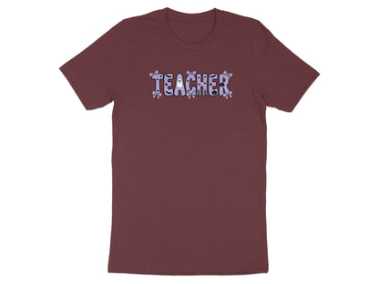 Maroon t-shirt with "TEACHER" text and Halloween-themed graphics.
