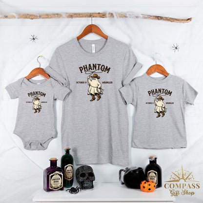 Grey toddler and adult t-shirts with ghost cowboy graphic and "Phantom Wrangler" text.