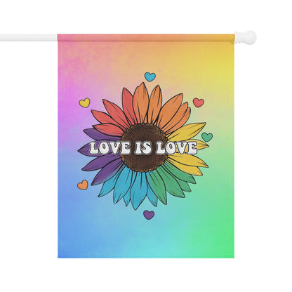 Rainbow sunflower with "LOVE IS LOVE" text and small hearts.