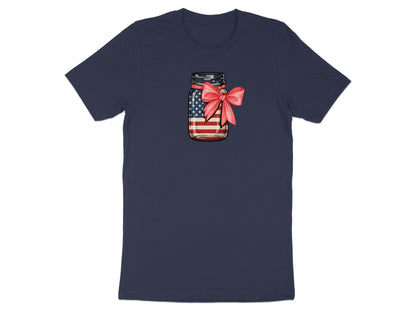 Mason jar with American flag design and red ribbon, on a navy blue t-shirt.