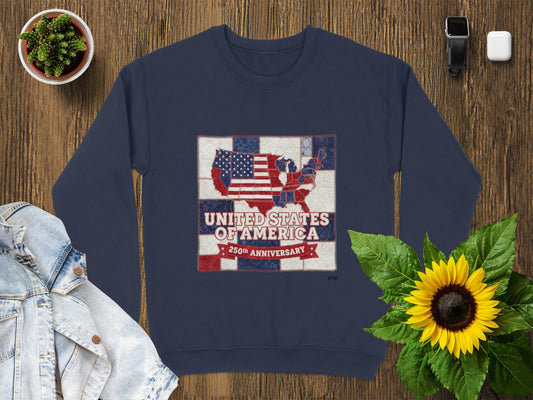 Navy sweatshirt with US flag, map, and "United States of America 250th Anniversary" text.