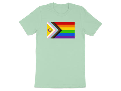 Light mint t-shirt with a Progress Pride flag in a rectangle on the chest.