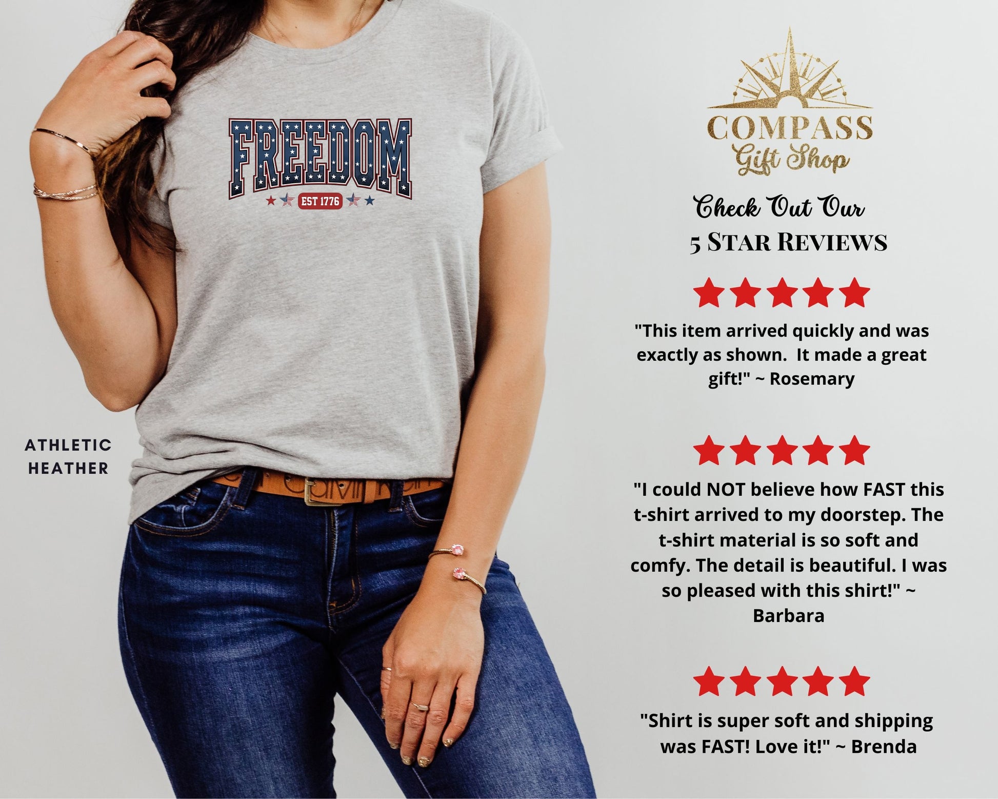 Gray t-shirt with "FREEDOM EST 1776" graphic, with customer reviews.