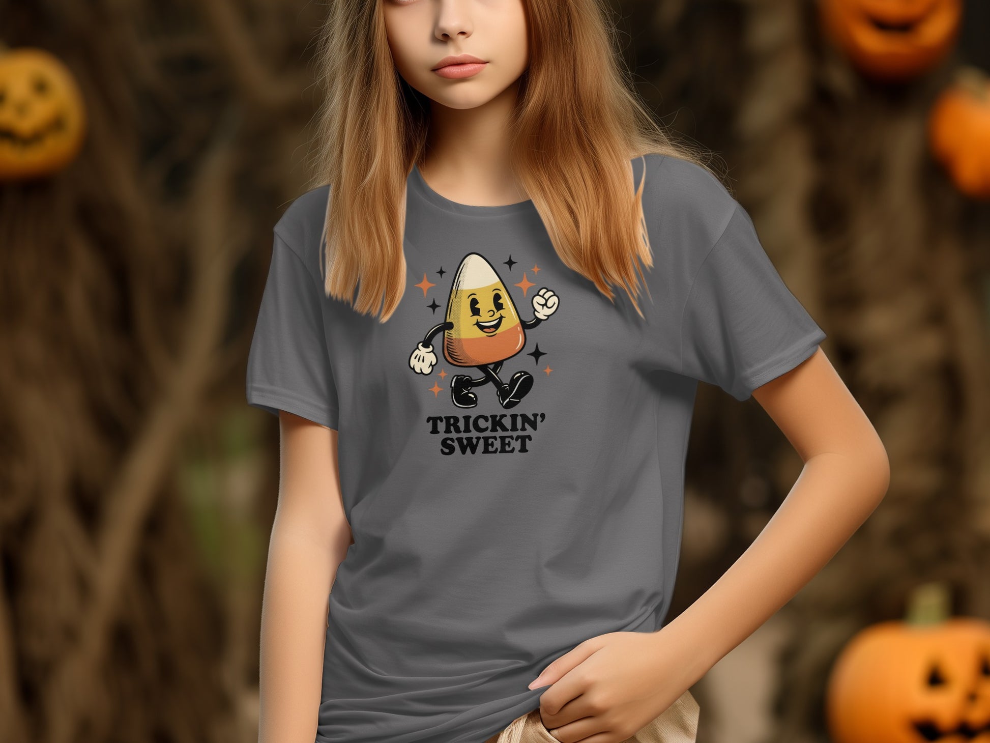 Gray t-shirt with cartoon candy corn saying "Trickin' Sweet" for Halloween.
