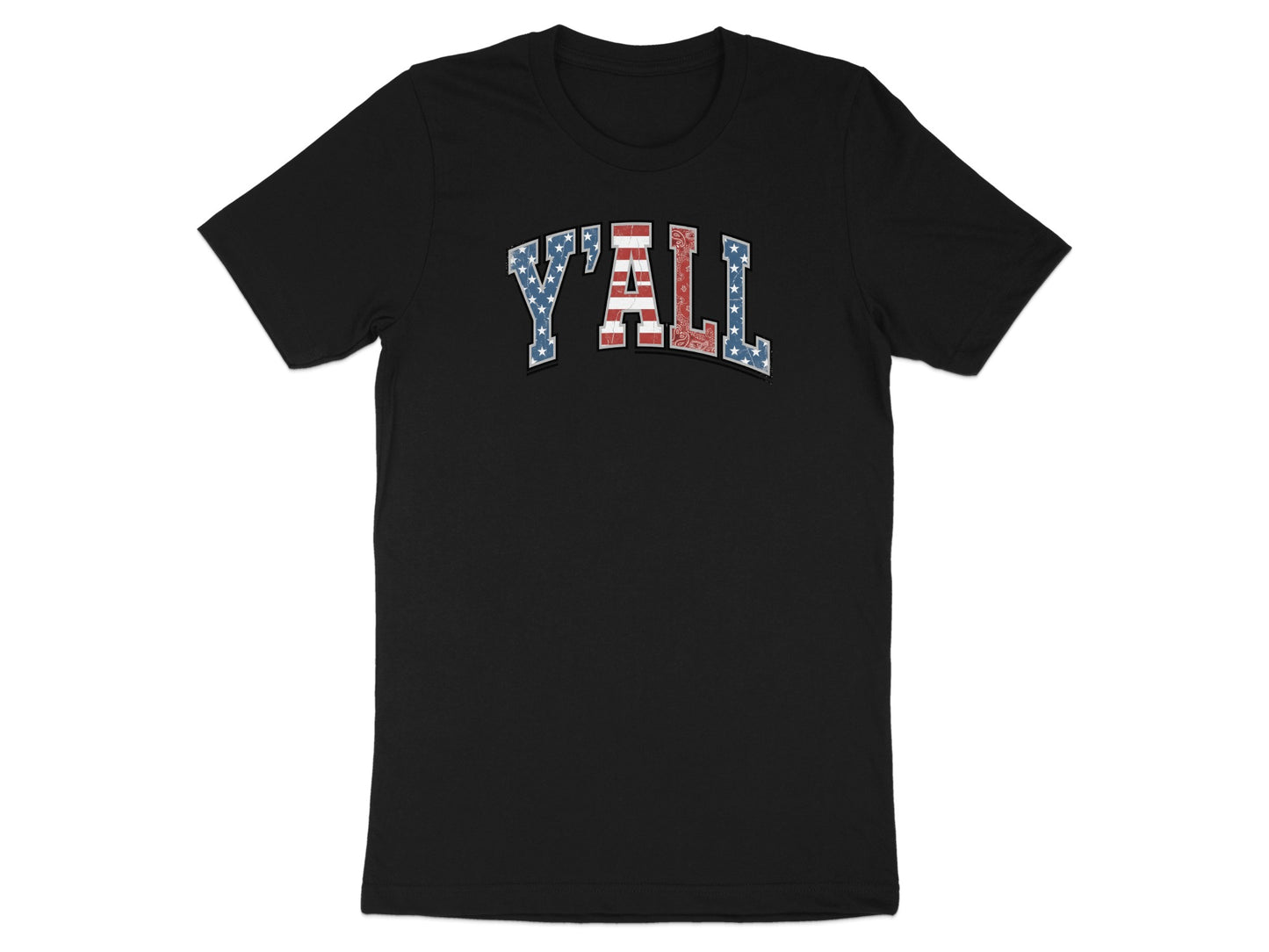 Black t-shirt with "Y'ALL" in American flag design.