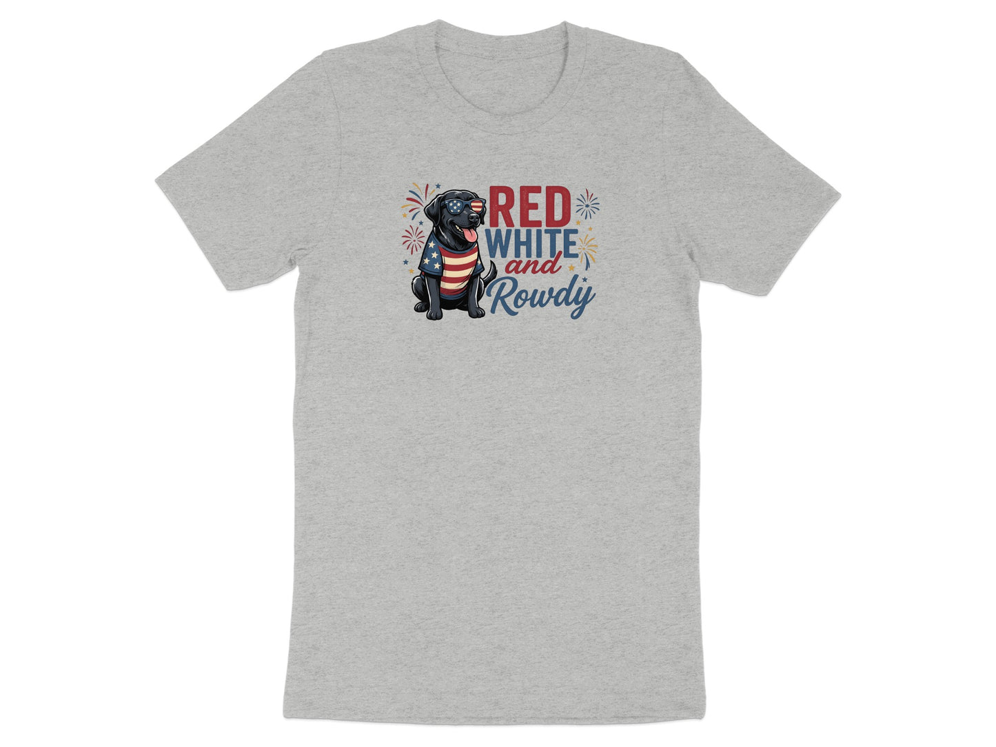 Black Labrador wearing American flag bandana, "Red White and Rowdy" text.