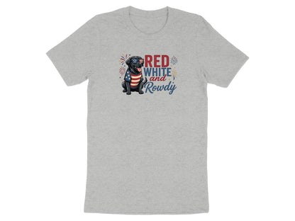 Black Labrador wearing American flag bandana, "Red White and Rowdy" text.