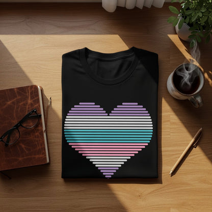 Black t-shirt with a horizontal striped heart design in pastel colors.