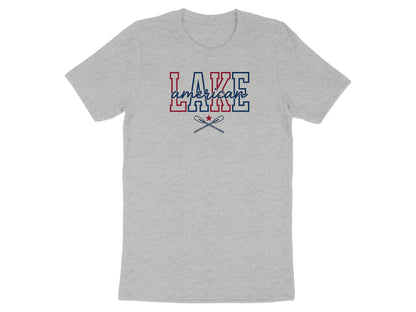 Grey t-shirt with "LAKE AMERICAN" text and crossed oars graphic.