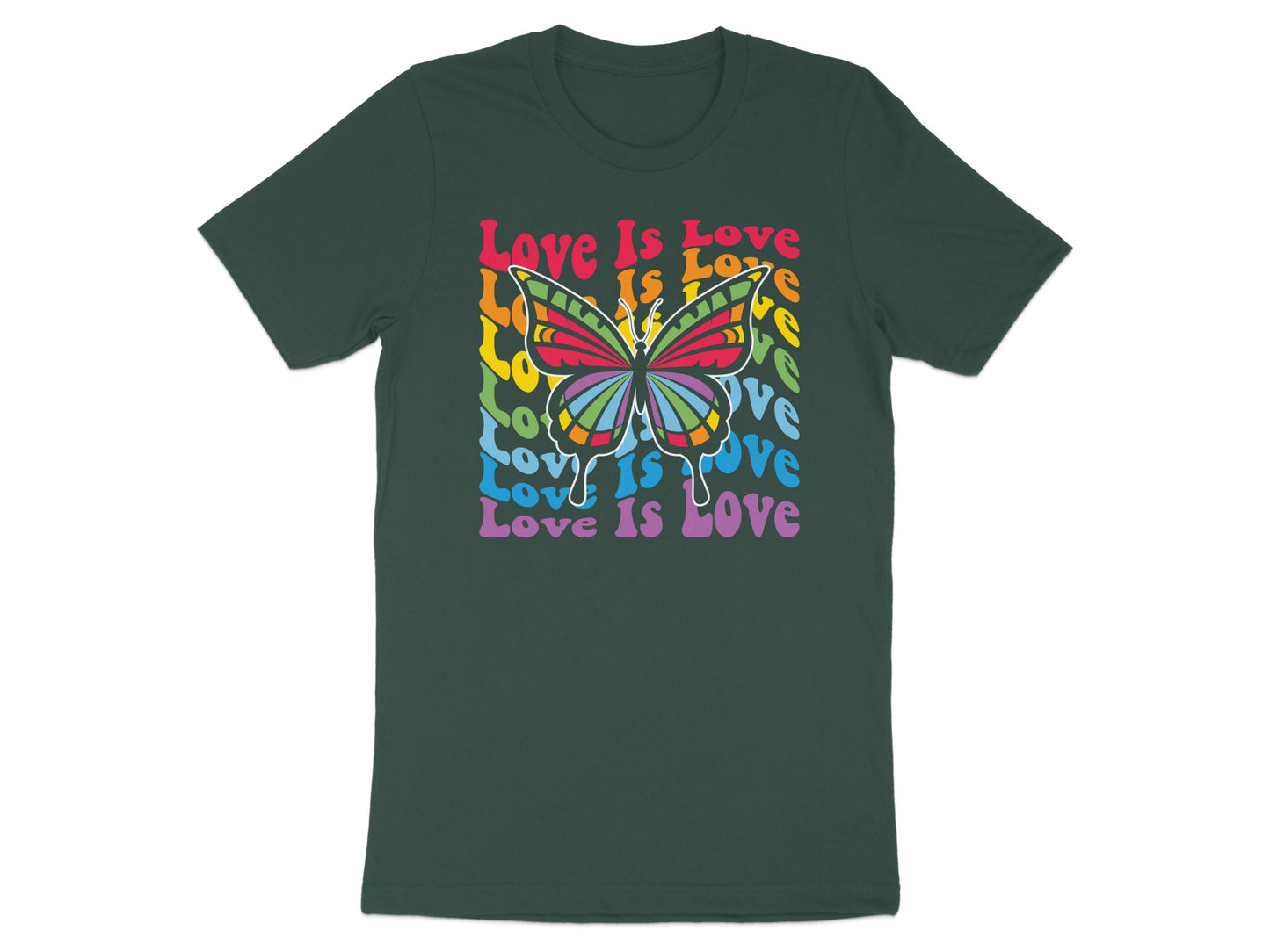 Dark green t-shirt with colorful butterfly and "Love Is Love" text.