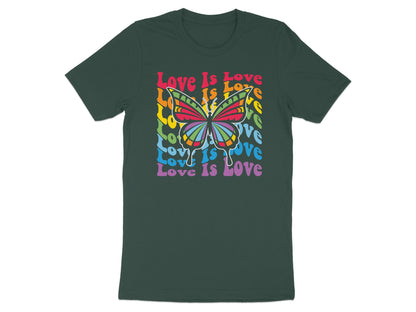 Dark green t-shirt with colorful butterfly and "Love Is Love" text.