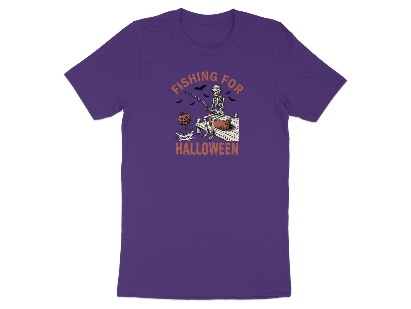 Skeleton fishing for Halloween, with pumpkins and bats.
