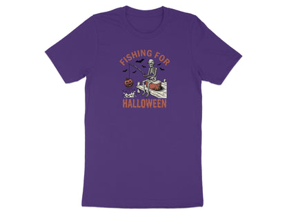 Skeleton fishing for Halloween, with pumpkins and bats.