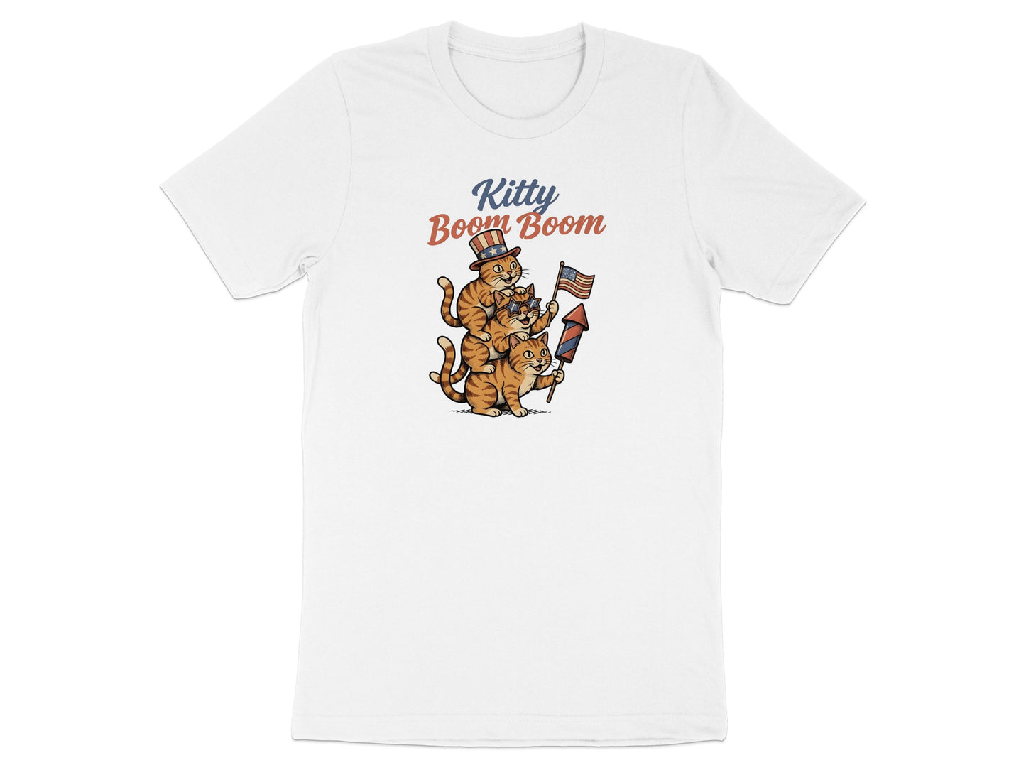 Three kittens in a hat stack, holding a firecracker, with "Kitty Boom Boom" text.