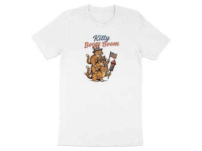 Three kittens in a hat stack, holding a firecracker, with "Kitty Boom Boom" text.