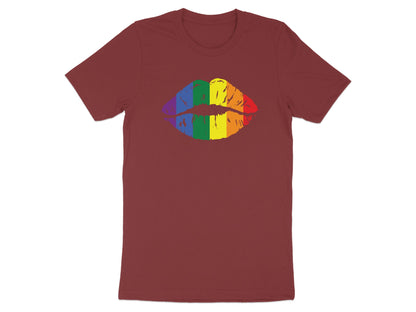 T-shirt with a rainbow lip print graphic.