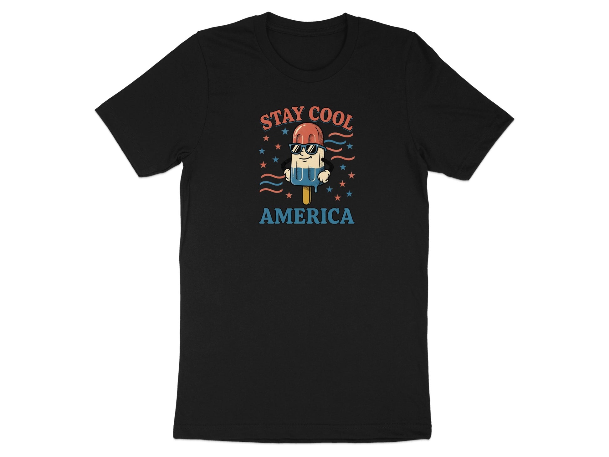 Black t-shirt with a cartoon popsicle wearing sunglasses, text "STAY COOL AMERICA".