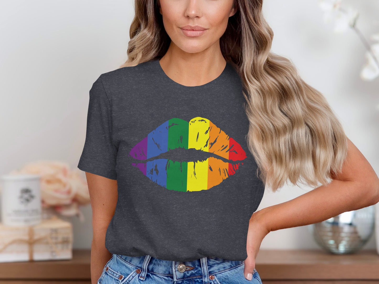 Dark grey t-shirt with a rainbow-colored lips graphic.