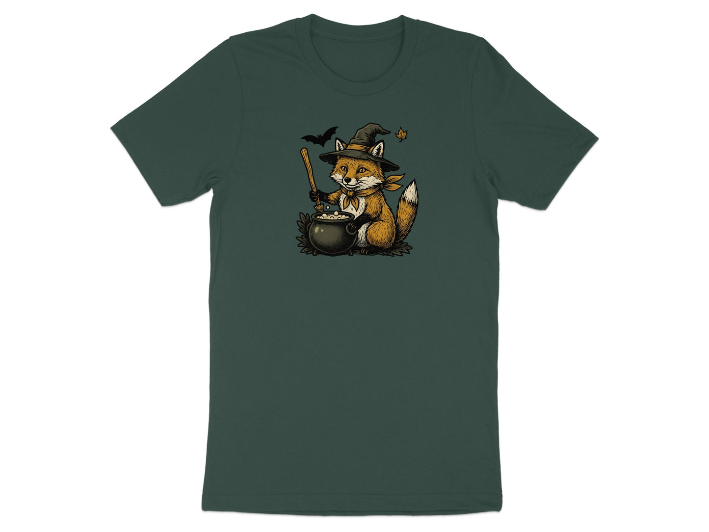 Fox in witch hat brewing cauldron with bat and autumn leaf.