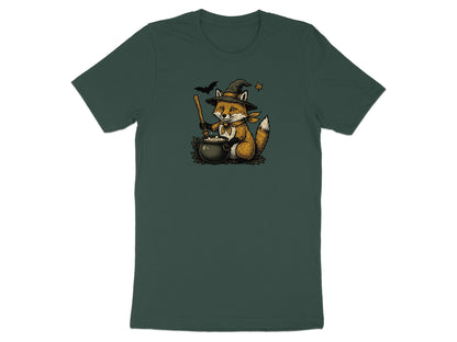 Fox in witch hat brewing cauldron with bat and autumn leaf.