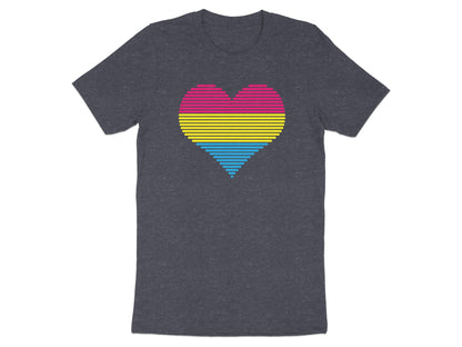 Dark gray t-shirt with a horizontal striped pansexual pride heart design.