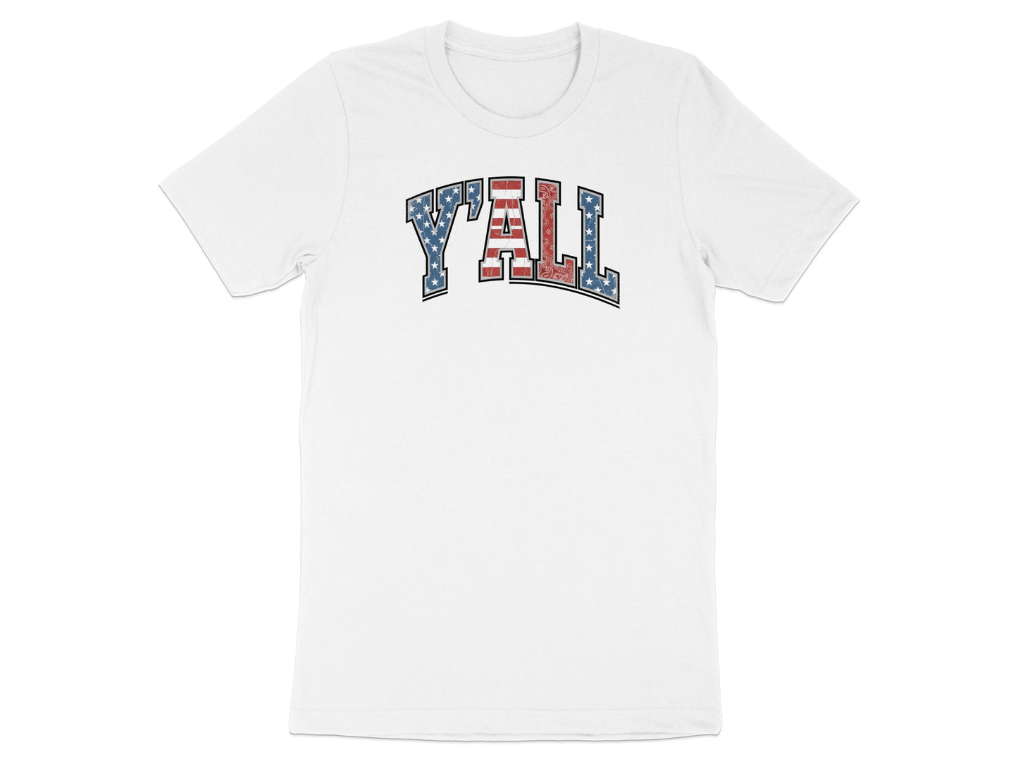 White t-shirt with "Y'all" in red, white, and blue American flag lettering.