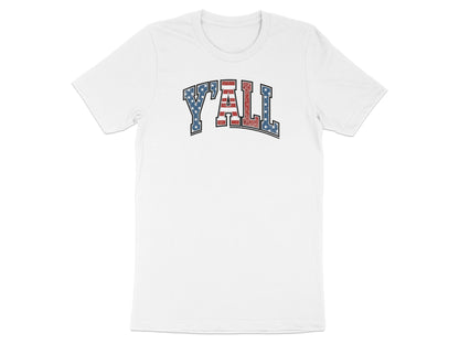 White t-shirt with "Y'all" in red, white, and blue American flag lettering.