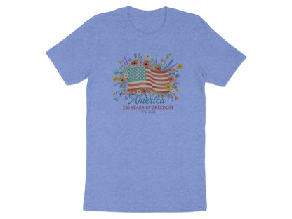 Blue t-shirt with "America 250 Years of Freedom 1776-2026" and floral American flag.