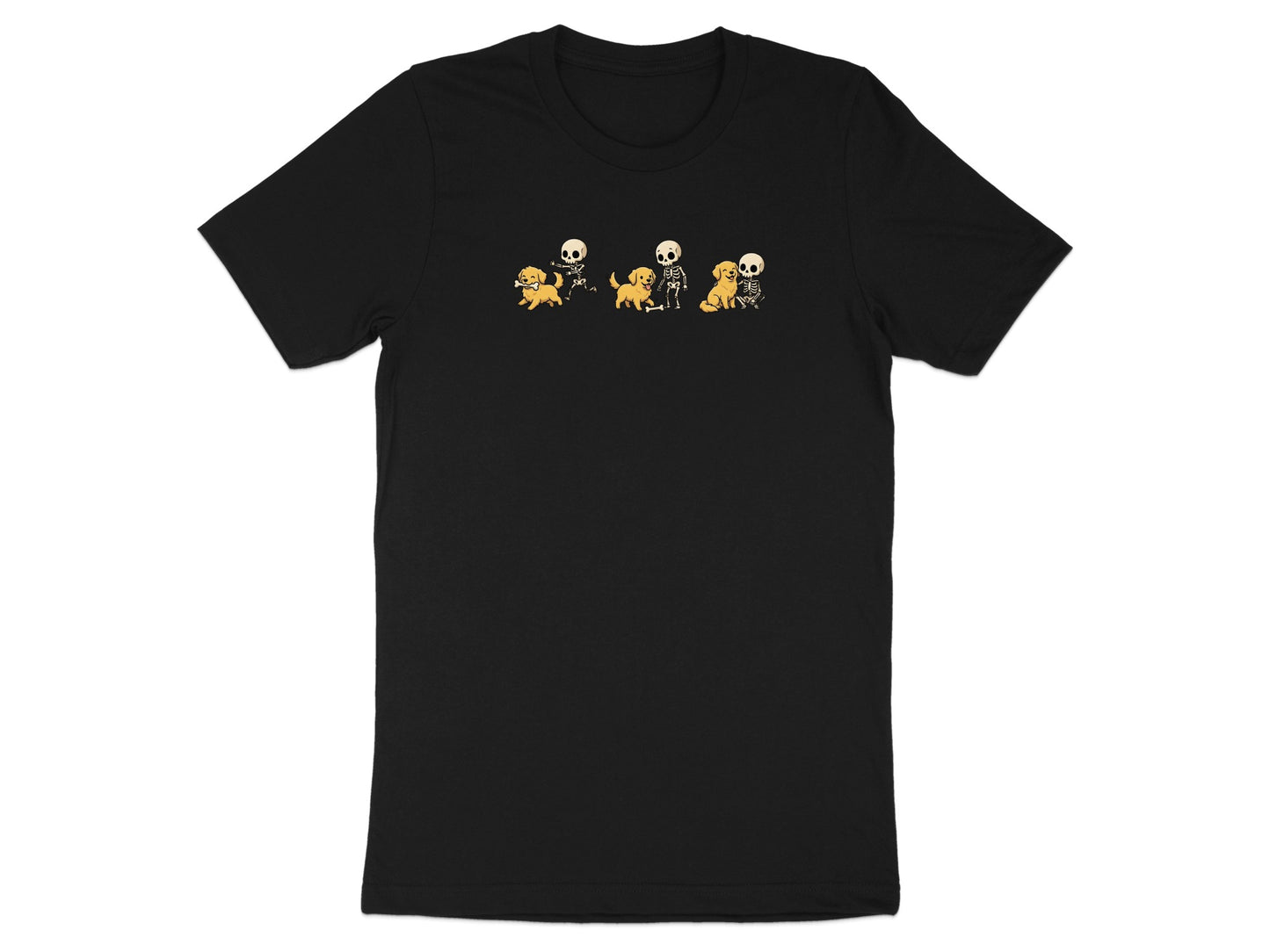 Black t-shirt with cartoon skeletons and golden retrievers playing.