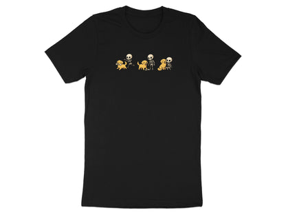 Black t-shirt with cartoon skeletons and golden retrievers playing.