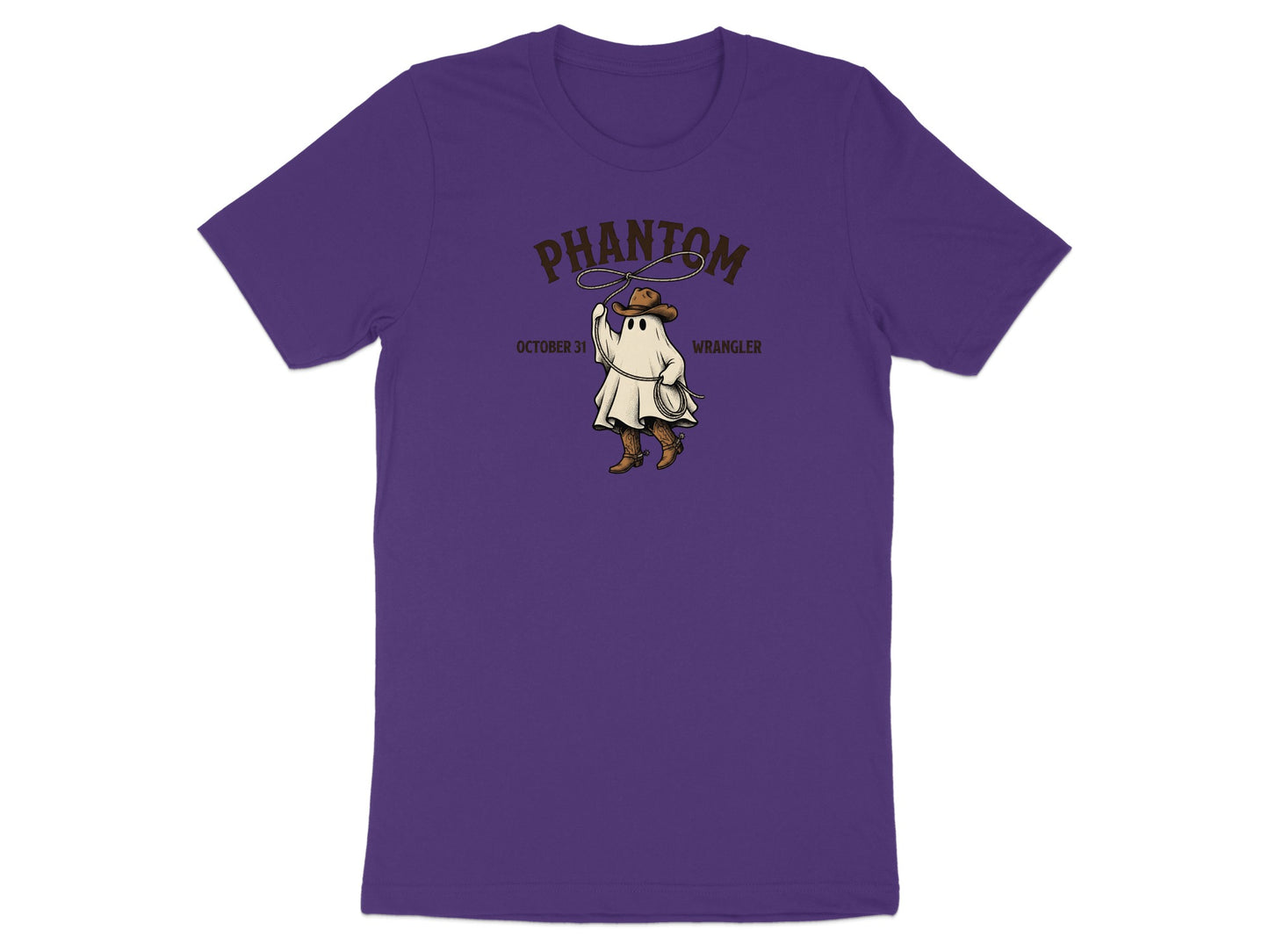 Purple t-shirt with a cartoon ghost wearing a cowboy hat and boots, holding a lasso.